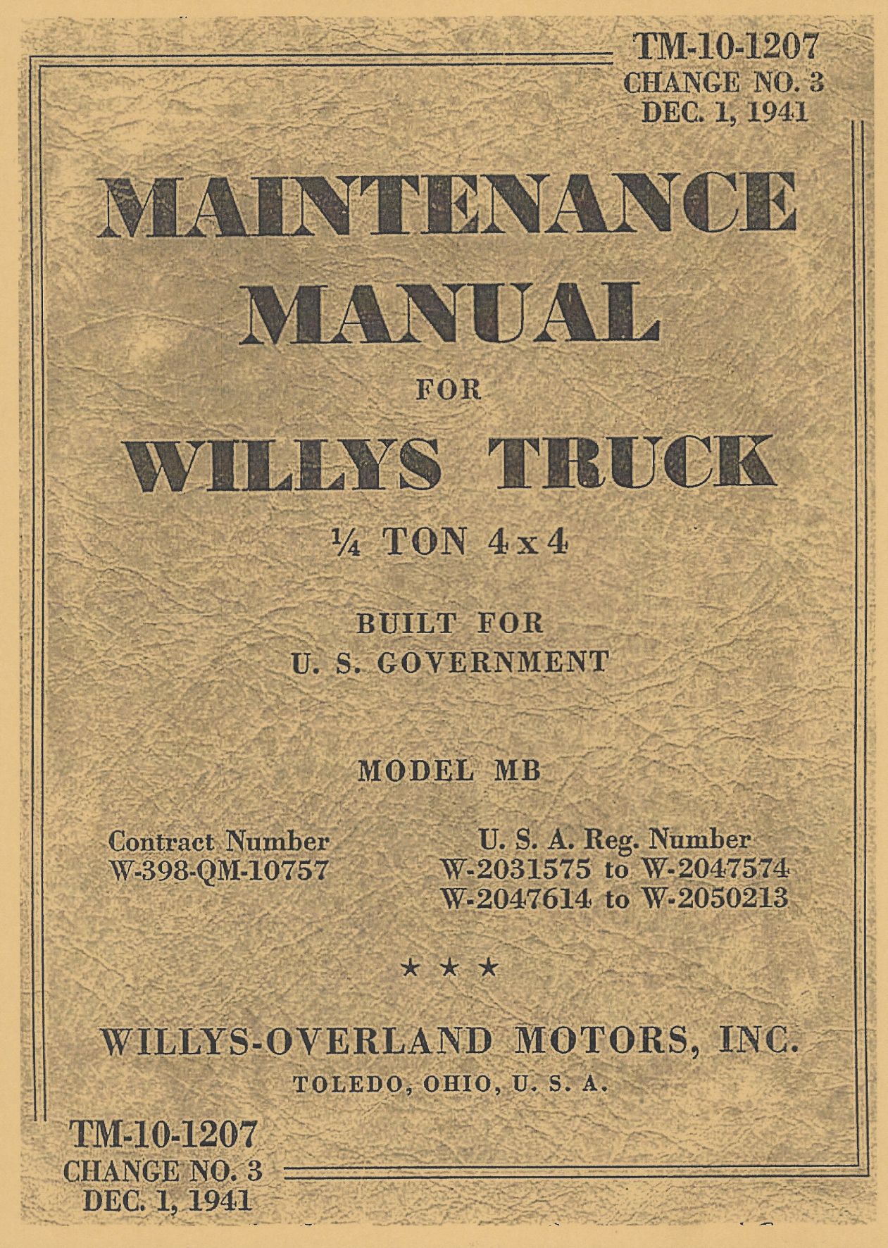 TM 10-1207 US MAINTENANCE MANUAL FOR WILLYS MB